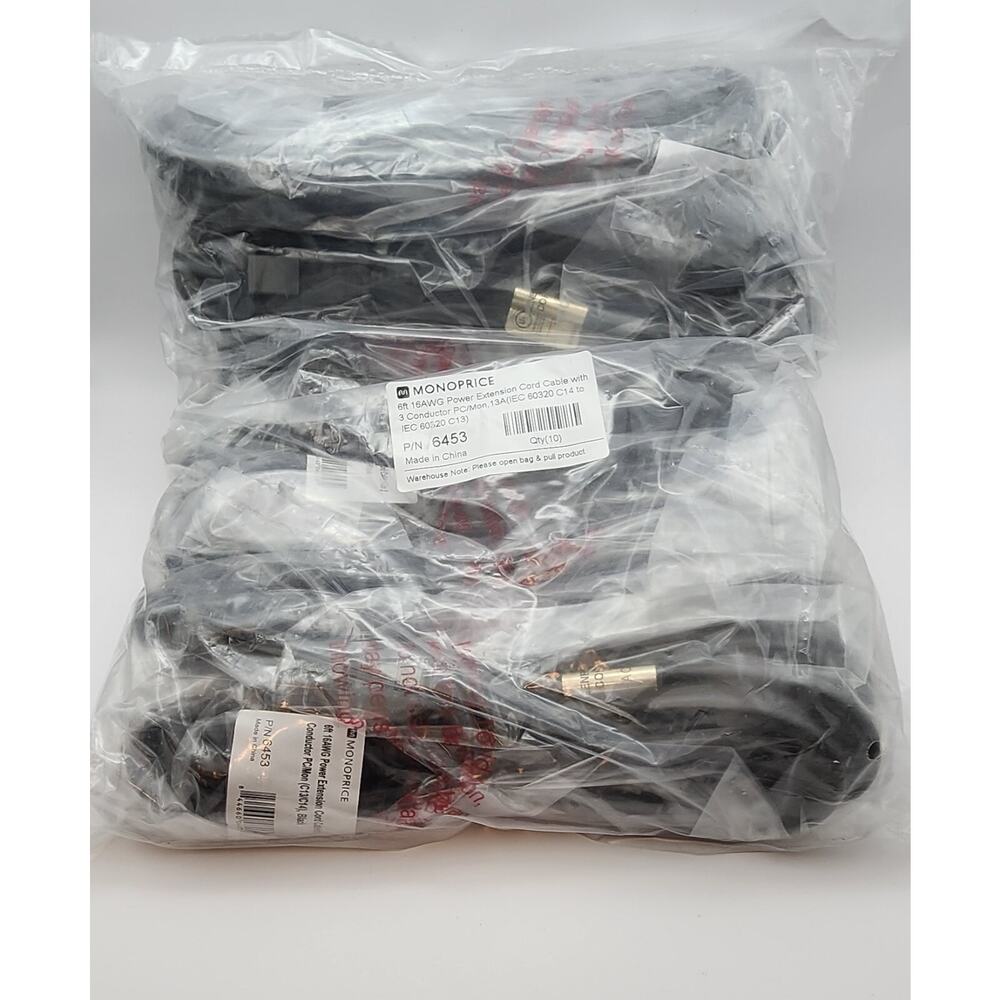 Lot 10 - Monoprice 6453 6 Ft. - Power Extension Cable - 3 Conductor - PC-Monitor